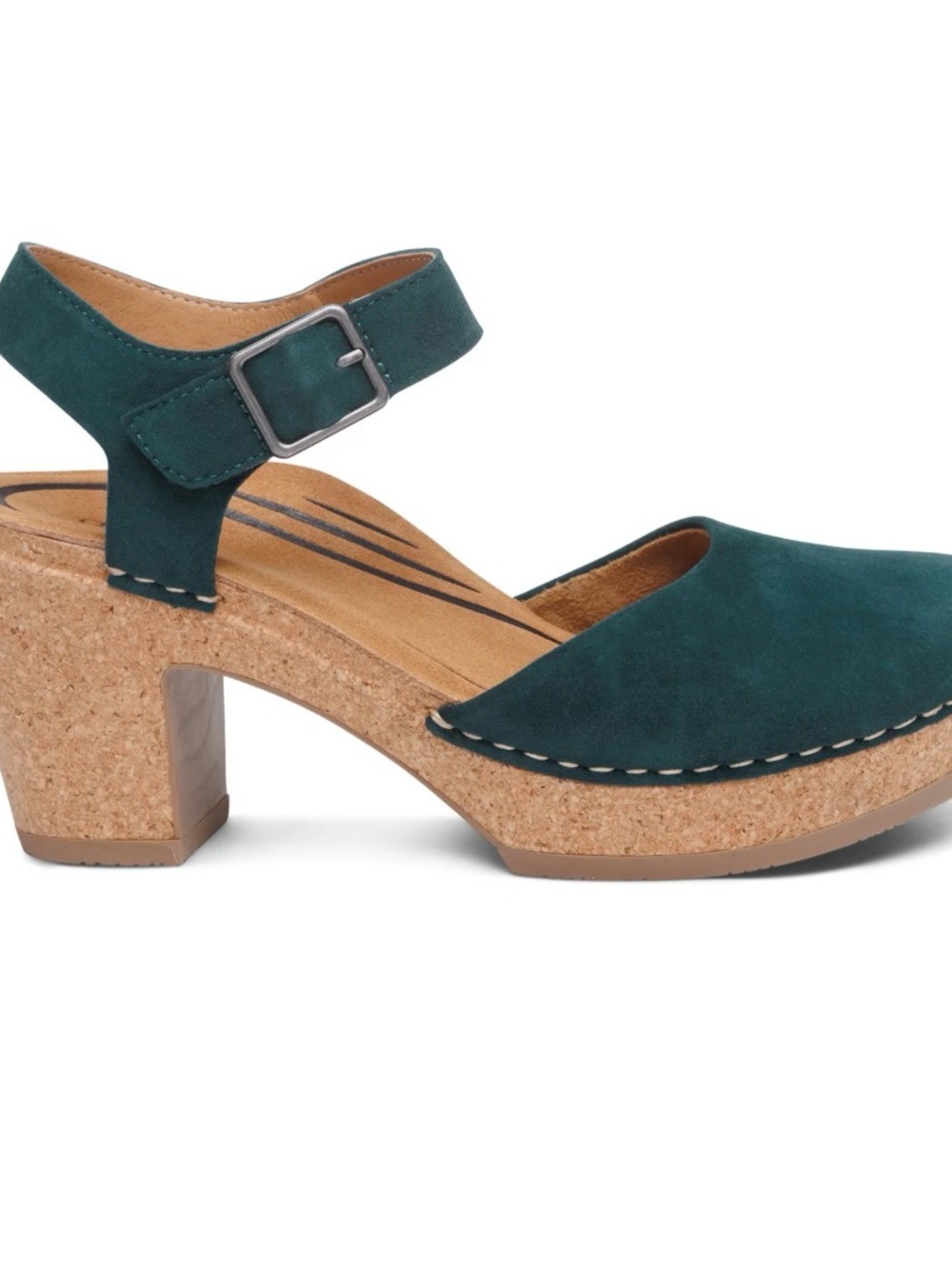 Aetrex Teal Suede Cork Heel Ankle-Strap Sandals